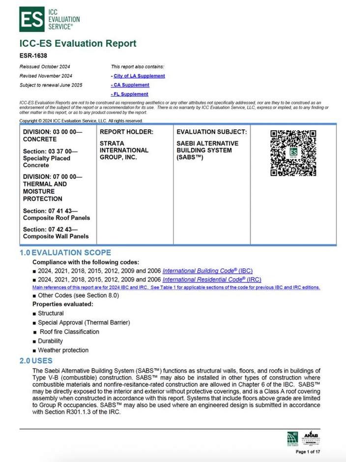 First page of ICC-ES Evaluation Report ESR-1638 for the Saebi Alternative Building System